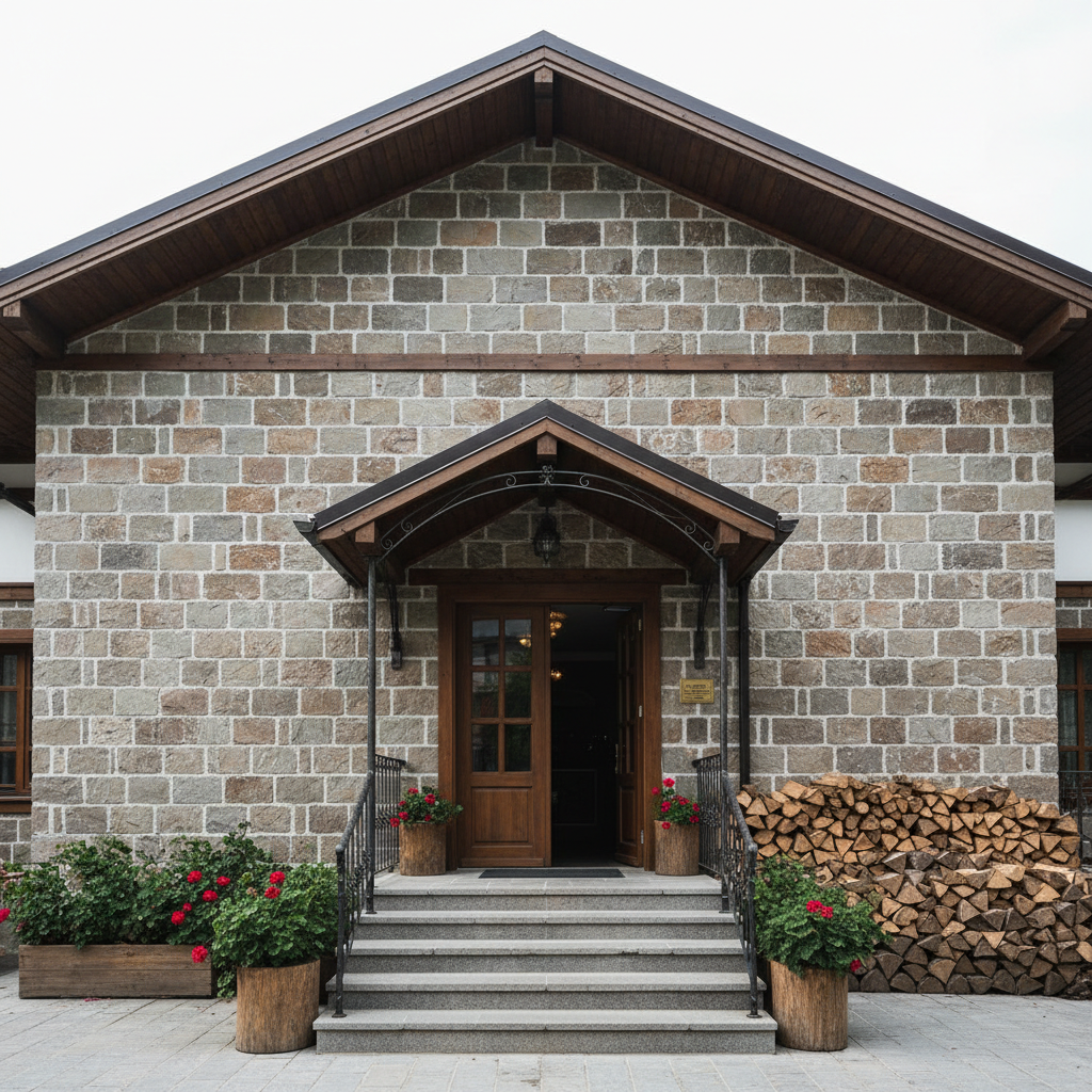 A refined reception building of a stone hotel in Artvin Merkez, featuring a solid façade of carefully cut local stone blocks, a dark timber roof, and a deep, sheltered entrance. The doorway is framed by simple wrought-iron details and stone steps, flanked by overflowing planters and a neatly stacked pile of firewood. Soft afternoon daylight filters through overcast skies, creating even, diffused lighting that highlights the stone’s subtle color variations without harsh shadows. The mood is calm, organized, and professional. Shot at eye level from just outside the entrance with a centered composition, the image guides the viewer toward the doorway and interior. The style is clean, photographic realism, emphasizing the welcoming functionality of the reception area without any human presence or signage.