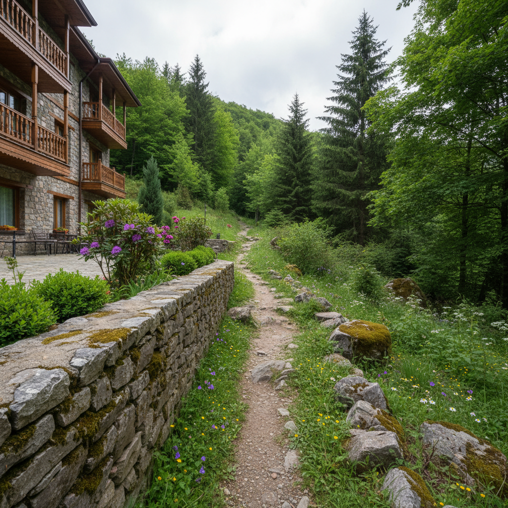 A narrow hiking trail starting directly from the grounds of a stone hotel, winding gently into the dense green hills above Artvin Merkez. In the foreground, a low dry-stone boundary wall neatly separates the manicured hotel garden from the natural landscape, with the stone houses partially visible behind. The dirt path is lined with moss-covered rocks and small wildflowers, disappearing into a shady forest of mixed broadleaf and conifer trees. Soft, slightly diffused midday light filters through light clouds, keeping the scene bright but gentle. Shot from a low angle near the path surface, the composition leads the viewer’s eye into the distance, suggesting easy access to nature. The mood is adventurous yet calm, captured in crisp, realistic photographic style.