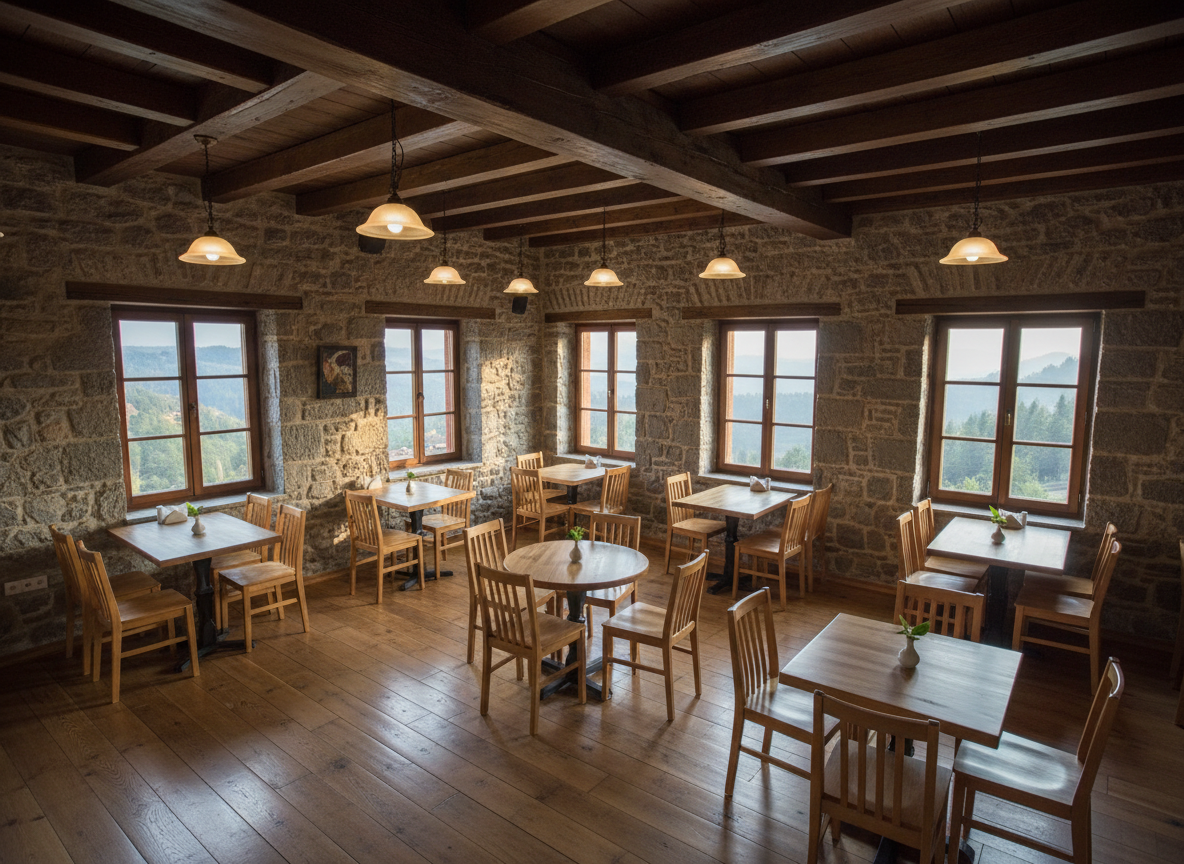An inviting restaurant dining space within a traditional stone house, where thick, exposed stone walls in warm gray tones contrast with smooth wooden floors and sturdy wooden ceiling beams. Large windows framed in dark wood open toward a distant view of Artvin’s forested hills, letting in soft late-morning natural light that gently illuminates neatly arranged wooden tables and chairs. Each table surface is uncluttered, emphasizing order and professionalism. Subtle pendant lights hang from the beams, turned low to create a cozy ambience. The composition is shot from a corner at a slightly elevated angle, using a moderate depth of field to keep the entire room sharp. The atmosphere is warm, intimate, and refined, captured in high-quality photographic realism suitable for a stone hotel restaurant.